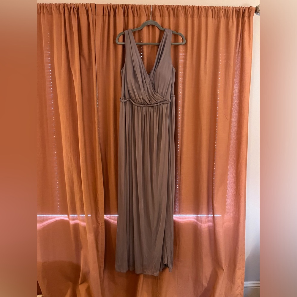 Azazie Tanicia Bridesmaid Dress in Taupe. Small grease stain on front.